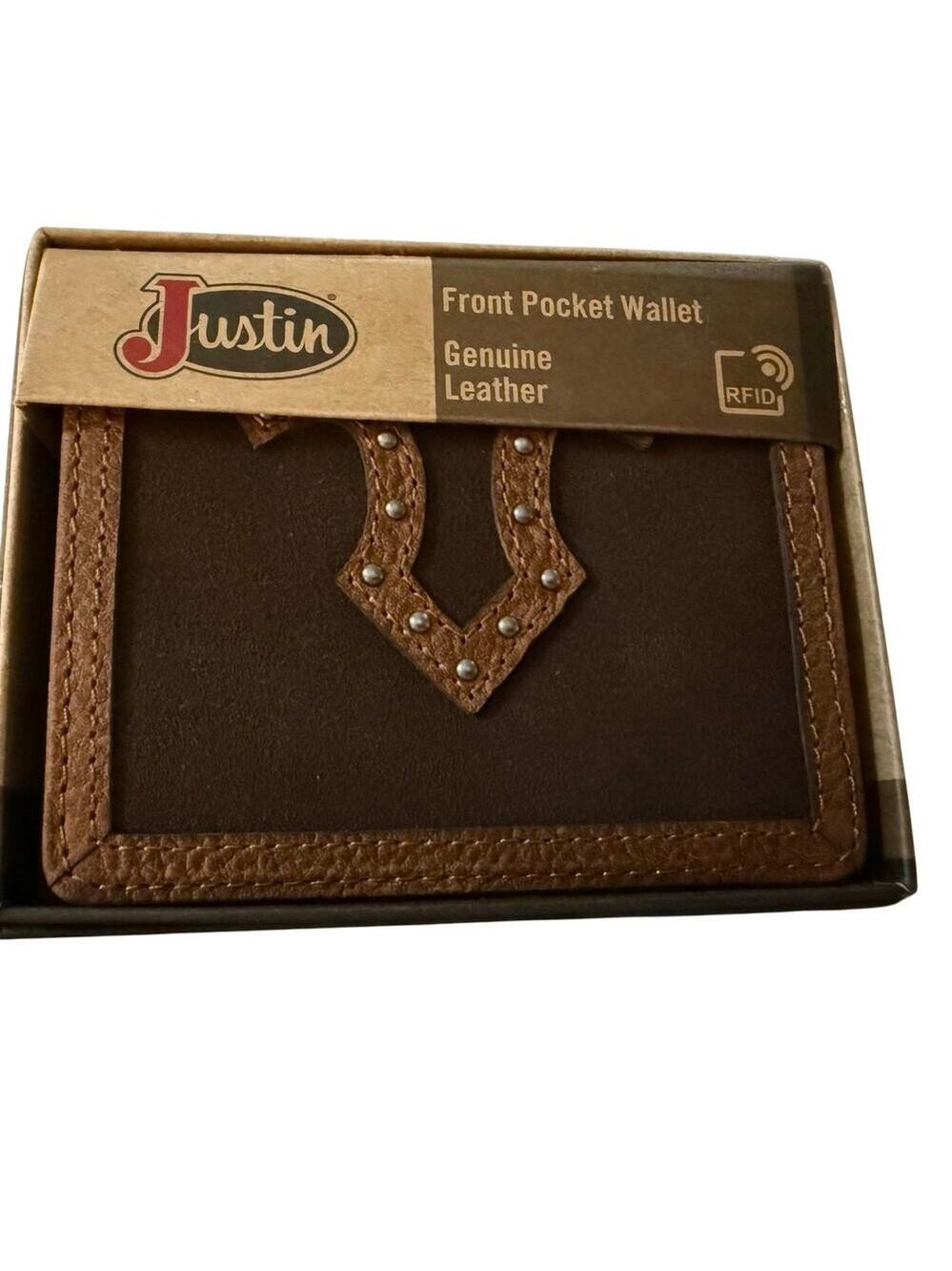 Justin Bifold Front Pocket Wallet, Brown Suede Leather, Tan Yoke & Studs, NWT